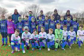 Young teams from Louth Football Club and Fulstow Juniors under-tens in their new kits, sponsored by the Ken Westerby Memorial Fund (KWM).