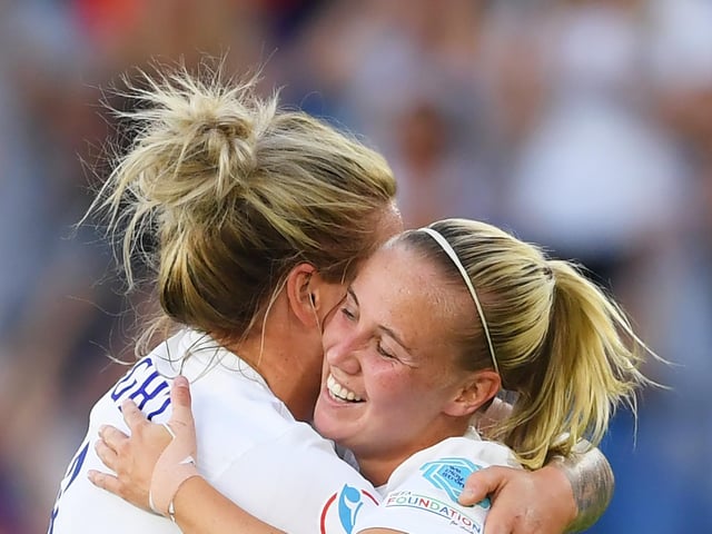 Millie Bright and her England team-mates pose for a photo prior to the UEFA Women's Euro 2022 group A match between England and Norway.