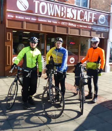Left to right, Daniel Nicholson, Trevor Halstead and Dave Jacklin departing from The Best Café in Retford Market Place.