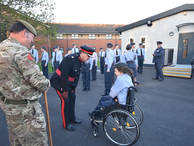 Vice Lord-Lieutenant of Lincolnshire, Andrew Clark talks to a cadet.