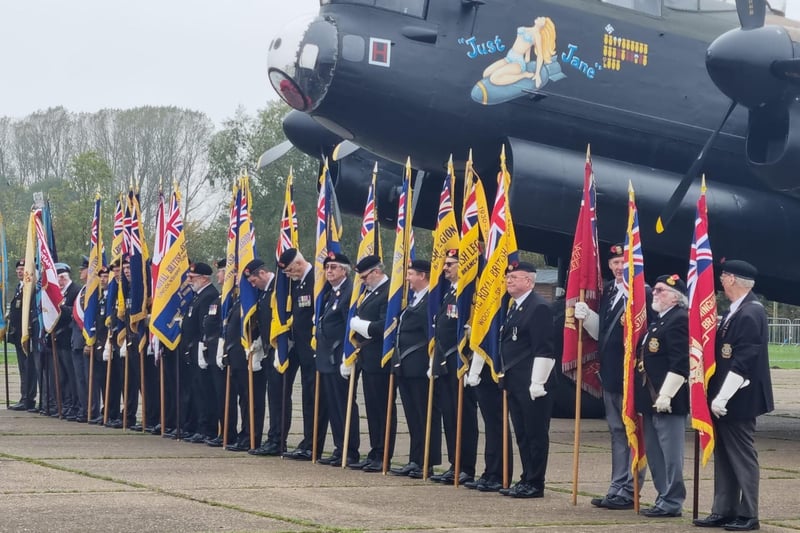 Standard Bearers at the Lincolnshire Poppy Appeal Launch in front of the Just Jane Lancaster.