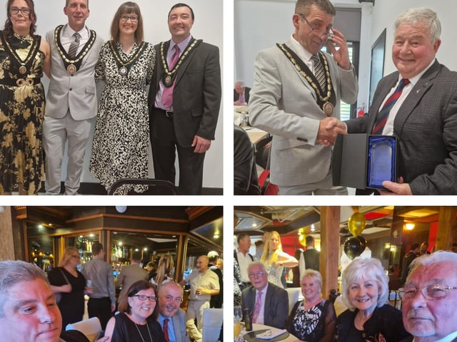 Top row, new Mayor Coun Adrian Findley and Mayoress Sarah Staples and Deputy Mayor and Mayoress Coun Jimmy Brookes and Emma; Coun Findley makes presentation to outgoing Mayor Coun Pete Barry and the after party.