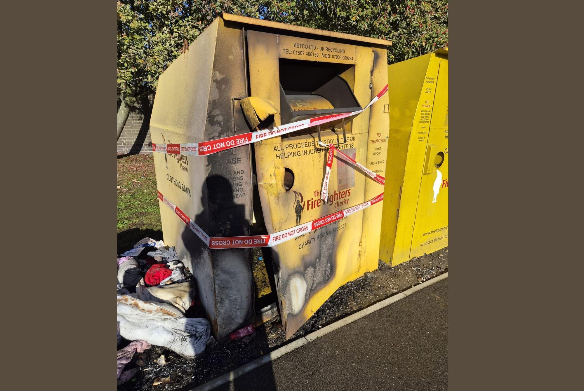 Clothing bin for fire fighters charity is set alight in Skegness