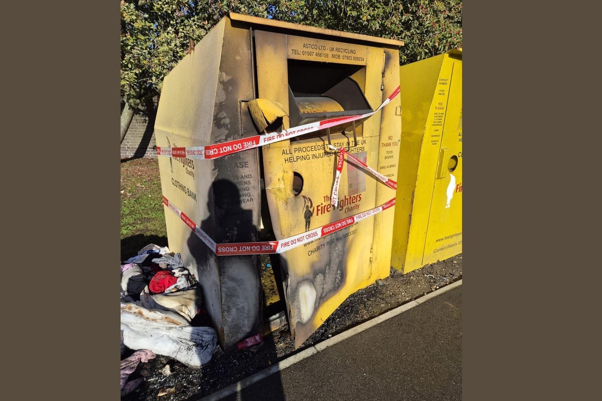 Chlothing bin for fire-fighters charity is set alight in Skegness