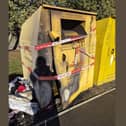 A photo of the damaged clothing bin in Skegness.