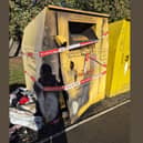 A photo of the damaged clothing bin in Skegness.