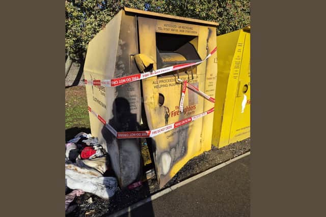 A photo of the damaged clothing bin in Skegness.
