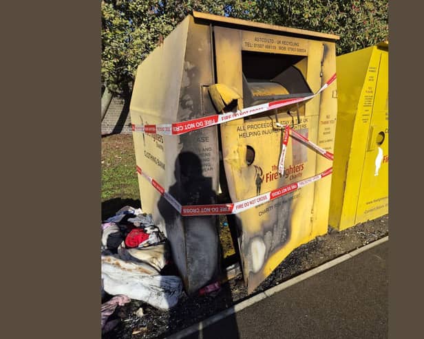 A photo of the damaged clothing bin in Skegness.