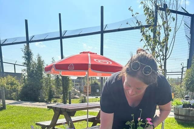 Jayne Hickling planting flowers at Wolds Wildlife Park.