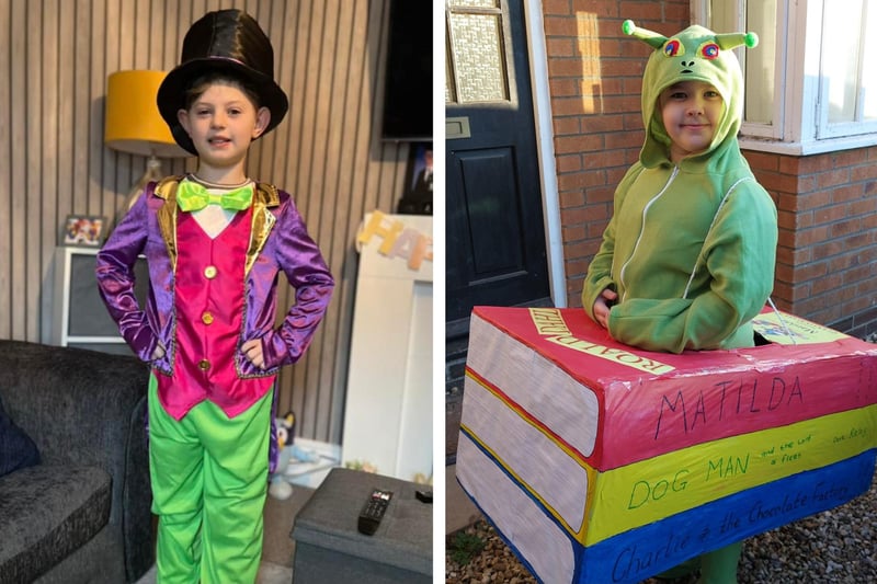 Freddie Hirst, nine, as Willy Wonka; and Eden Armstrong-Taylor, eight, as a bookworm.