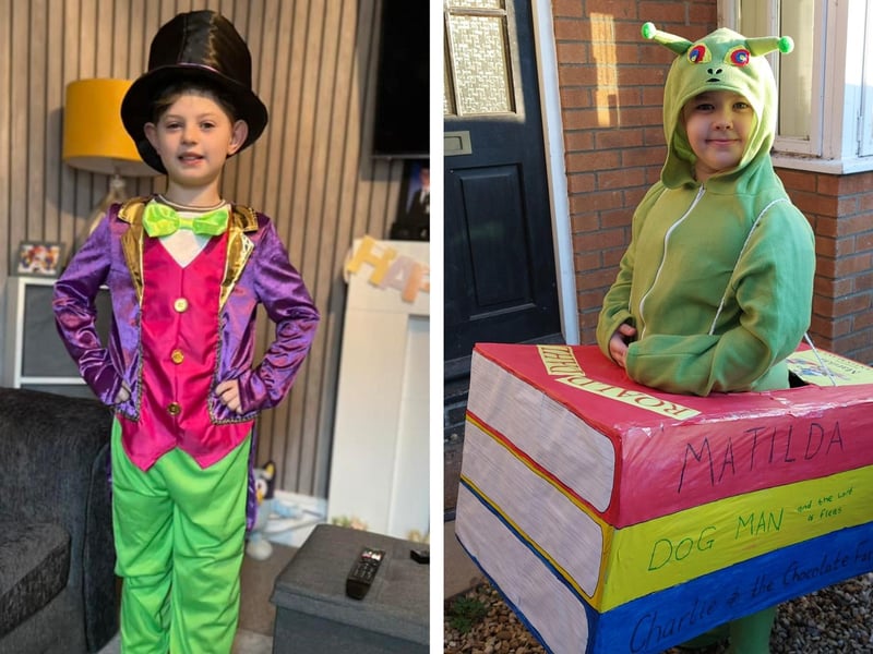 Freddie Hirst, nine, as Willy Wonka; and Eden Armstrong-Taylor, eight, as a bookworm.