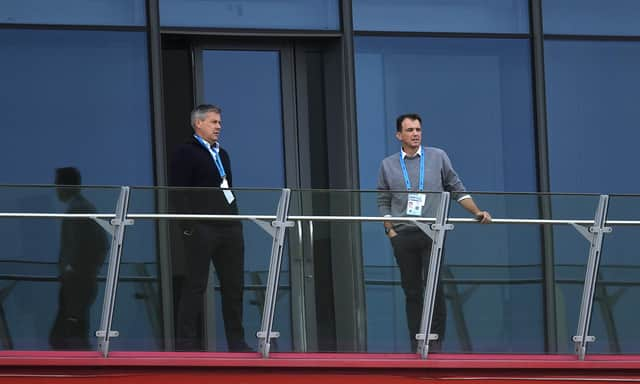 England Director of Cricket Ashley Giles speaks to ECB Chief Executive Tom Harrison during the 1st Royal London One Day International Series match between England and Australia. (Photo by Gareth Copley/Getty Images for ECB)