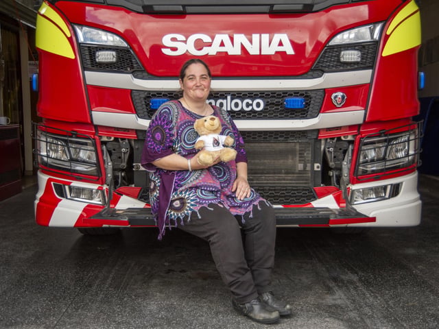 Kibi bear with Michelle Barrett (Kibi's mum). Photo: Holly Parkinson