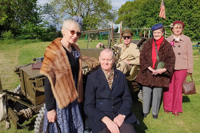 All dressed up for the VE Day event at Leadenham village hall. David Wallis, of Welby, in his 1943 Ford Jeep, with L-R Val Garner, Ian Prince, Sheila Prince and Helen Wallis.