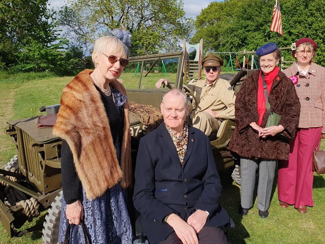 All dressed up for the VE Day event at Leadenham village hall. David Wallis, of Welby, in his 1943 Ford Jeep, with L-R Val Garner, Ian Prince, Sheila Prince and Helen Wallis.