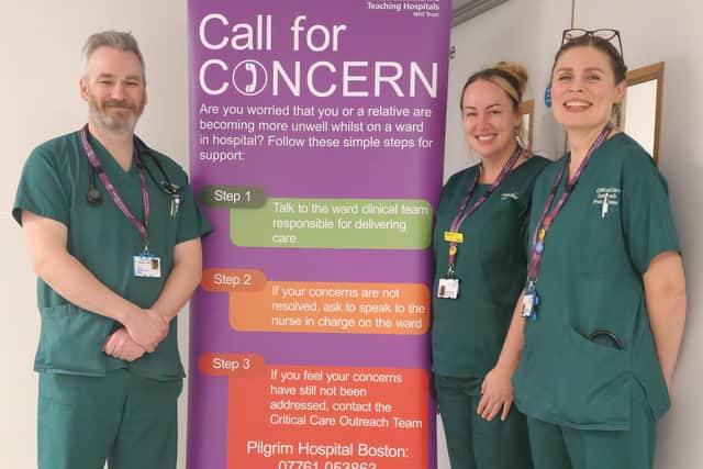 Some of the members of the Boston Critical Care Outreach Team, from left: Robert Hefferman (Critical Care Outreach Advanced Clinical Practitioner Lead for Boston), Natalie Dillamore (Critical Care Outreach Advanced Clinical Practitioner) and Emma Bradley (Critical Care Outreach Advanced Clinical Practitioner).