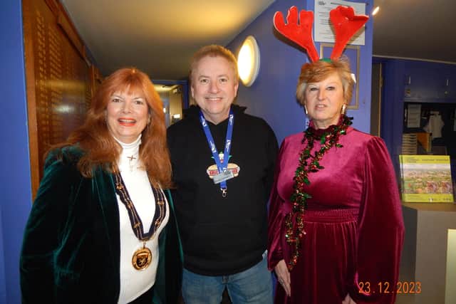 Mayor Julia Simmons, Michael Courtney, manager of Riverhead Theatre, and Coun Lynne Cooney at the Christmas party.