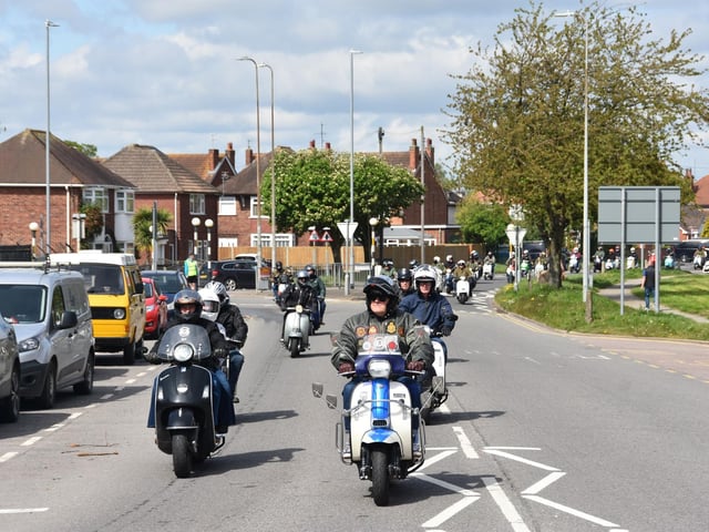 Scooters heading for the Suncastle on the seafront in Skegness.