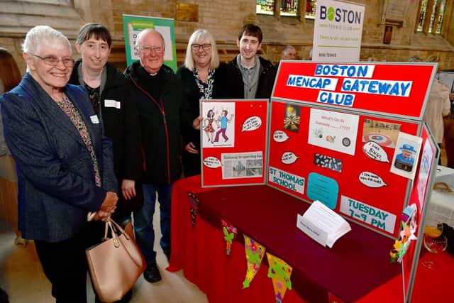 Pictured, from left: Carole Cammack, Clare Limb, Father Alan Taylor, Karen Howard, and Daniel Limb, of Boston Mencap Gateway Club.