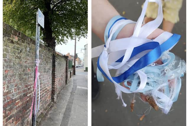Ribbons left tied to a lamp post, left, and others ripped off and found left on the ground, right.