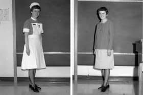 Miss P. J. Jessop models the uniform currently being worn by student nurses in Boston hospitals (left) and the one proposed to replace it nationally.