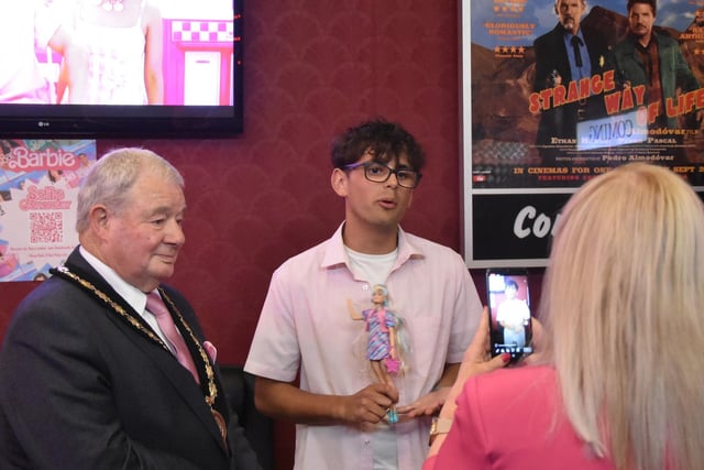 Theo Griffiths of Teen Spirit during our Facebook Live interview, being positive about ticket sales and customers wearing pink. Also pictured is Mayor of Skegness Coun Pete Barry, who also wore a splash of pink.