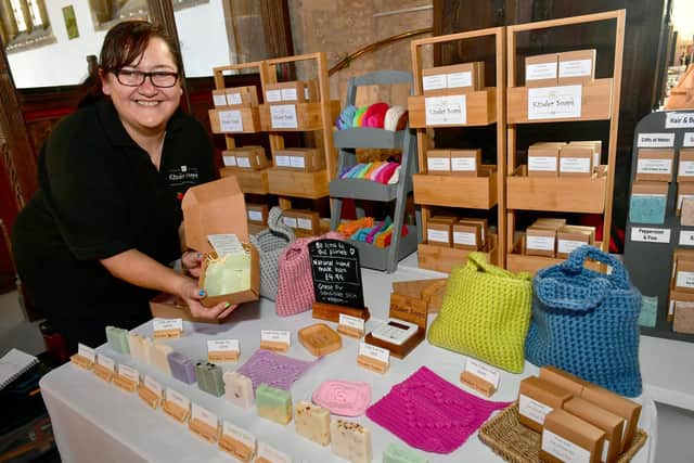 Nic Frost of Sleaford and her stall, Kinder Soaps.