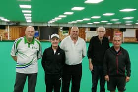 Triples winners, Yogie Richardson, Trevor Coulson and Chris Hoyles, with R Druce (L) and M Brown (R)