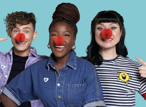 Blue Peter presenters, Joel Mawhinney, Mwaka ‘Mwaksy’ Mudenda and Abby Cook from Grangemouth support Red Nose Day 2023 by wearing the new Red Nose and Mr Men merchandise. Pic: BBC
