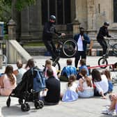 Bike stunts, parkour and rap narration all added to the enthralling open air theatre show in Sleaford Market Place, highlighting youth and knife crime.