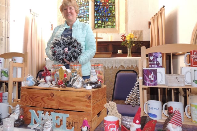 Karen Fuller with her stall choc-full of Christmas gift ideas at Crafts By Candlelight, Silk Willoughby.