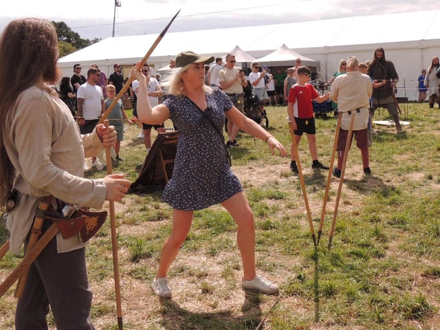 Michelle Walsh of Branston has a go at Viking spear throwing.