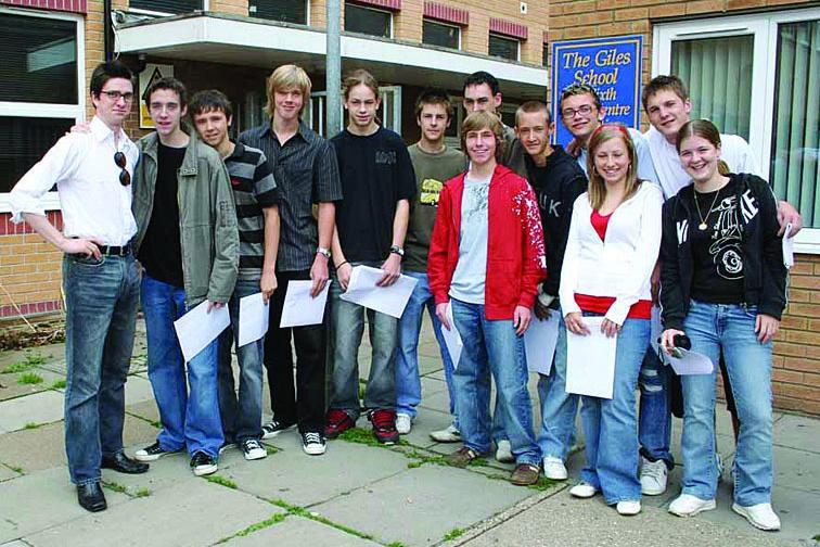 Pupils at The Giles School, in Old Leake, collecting their GCSE results in 2006.