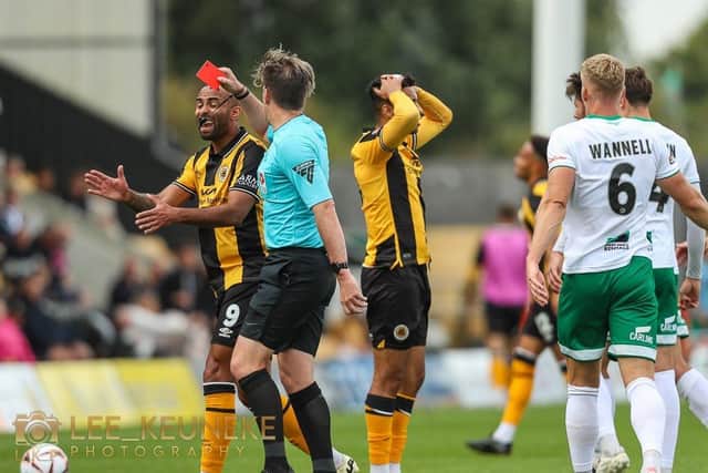 Jordan Richards saw red on 17 minutes to leave Boston United up against it. Pic: Lee Keuneke