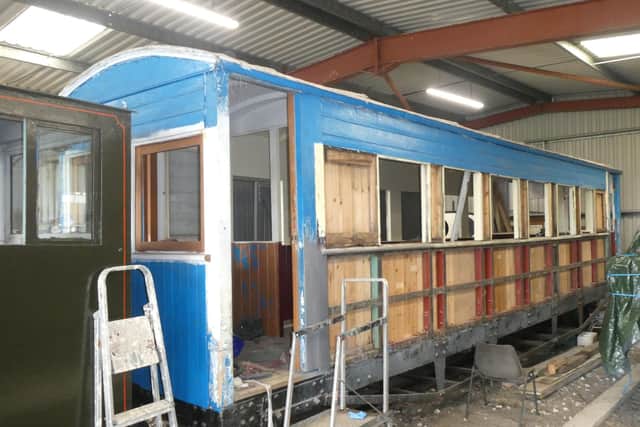 Some idea of the scale of the task facing the volunteers of the LCLR Historic Vehicles Trust can be gained from this photo of renovation work on the vehicle in the railway’s workshops in Skegness.