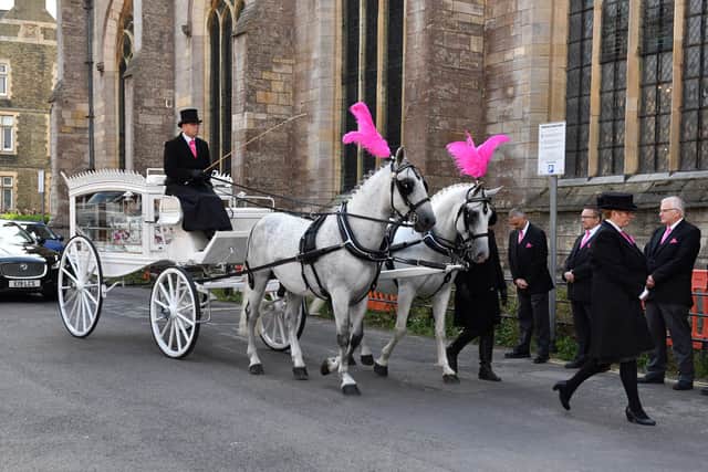 The white horse-drawn carriage carrying Lilia's coffin. Photos by Mick Fox.