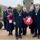 Pictured at Sutton on Sea War Memorial, from left: Councillor Helen Matthews, Mayor Paul Russell, Royal British Legion (Mablethorpe) Chairman Barbara Tyler, Secretary Barbara Hall, Mayor Steve Holland and Councillor Colin Matthews. Photo: Chris Frear Butterfield