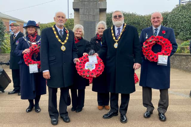 Pictured at Sutton on Sea War Memorial, from left: Councillor Helen Matthews, Mayor Paul Russell, Royal British Legion (Mablethorpe) Chairman Barbara Tyler, Secretary Barbara Hall, Mayor Steve Holland and Councillor Colin Matthews. Photo: Chris Frear Butterfield