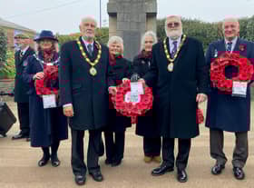 Pictured at Sutton on Sea War Memorial, from left: Councillor Helen Matthews, Mayor Paul Russell, Royal British Legion (Mablethorpe) Chairman Barbara Tyler, Secretary Barbara Hall, Mayor Steve Holland and Councillor Colin Matthews. Photo: Chris Frear Butterfield