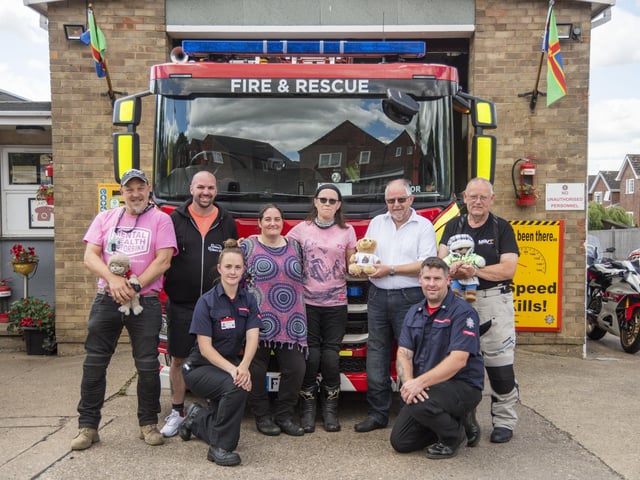 Relay Riders UK, Michelle Barrett (Kibi's mum), Michelle Gardner (stepmum) and fire fighters. Photo: Holly Parkinson