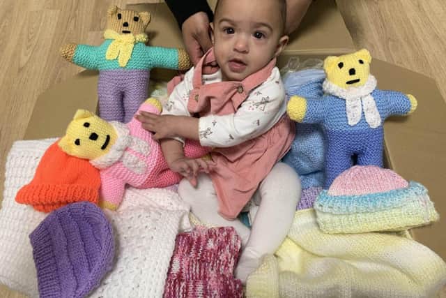 Vienna with some of the donated knitted items