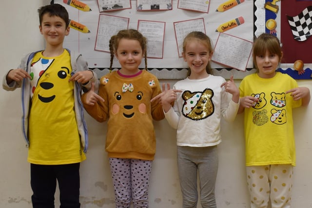Gosberton Academy youngsters show off their Pudsey bear-wear for Children in Need.