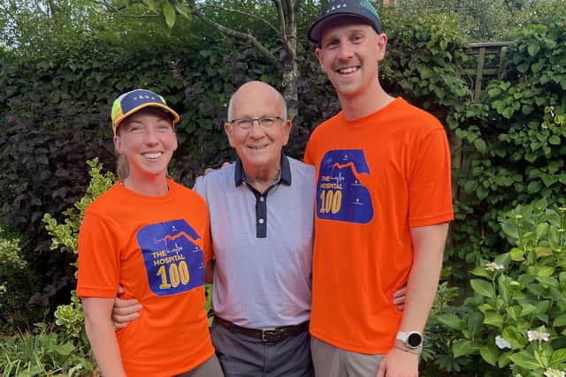 Fully recovered dad John Harris, 78, flanked by son James, who is to embark on the 100k run, and James's girlfriend, Georgie.