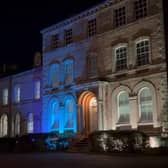 North Kesteven District Council offices in Sleaford, lit up in the colours of the Ukrainian flag to show support.