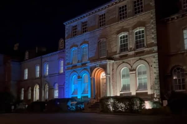 North Kesteven District Council offices in Sleaford, lit up in the colours of the Ukrainian flag to show support.