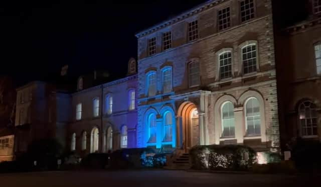 North Kesteven District Council offices in Sleaford, lit up in the colours of the Ukrainian flag to show support.