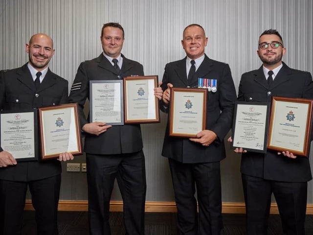 December - PCs Christopher Hine, David Sharpe and Jack Craft and Sergeant Simon Watson with their awards.