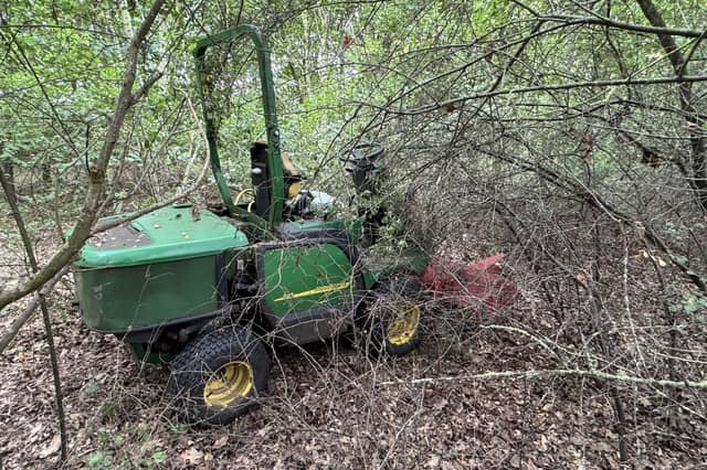The stolen mower had been hidden in undergrowth by thieves to be picked up later. Photo: Lincs Rural Crime Action Team