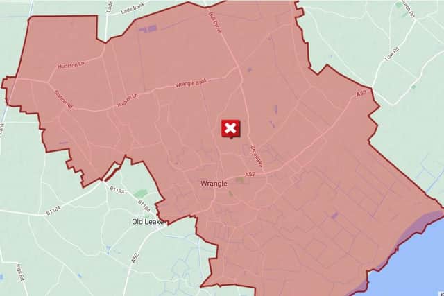 Anglian Water's map showing the area of Wrangle and Old Leake now under a red alert for water supply.