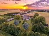 An aerial view of the property and its grounds.